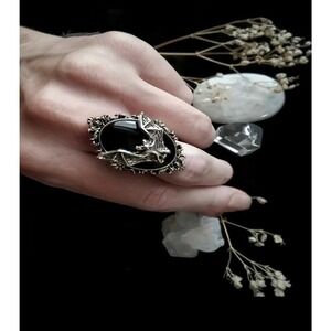 Bat Ring Halloween Gothic Victorian Cameo Faux Onyx Gemstone Open Finger
